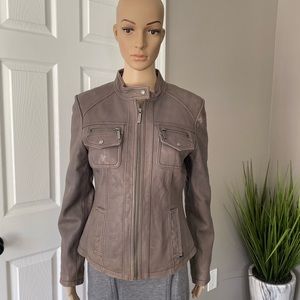 Michael Kors taupe leather bomber jacket.